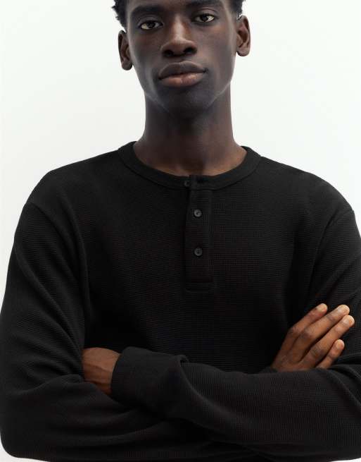 Pull&Bear waffle-stickad långärmad t-shirt i svart, 3 av 7
