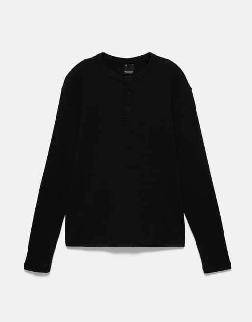Pull&Bear waffle-stickad långärmad t-shirt i svart, 5 av 7