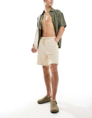 Pull & Bear Waffle Structured Shorts In Ecru-neutral