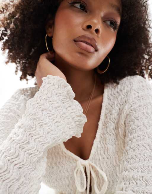 Pull&Bear waffle texture tie front top co-ord in ecru ASOS