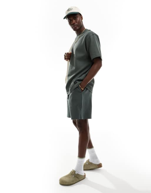 Pull&Bear waffle textured shorts in green - part of a set