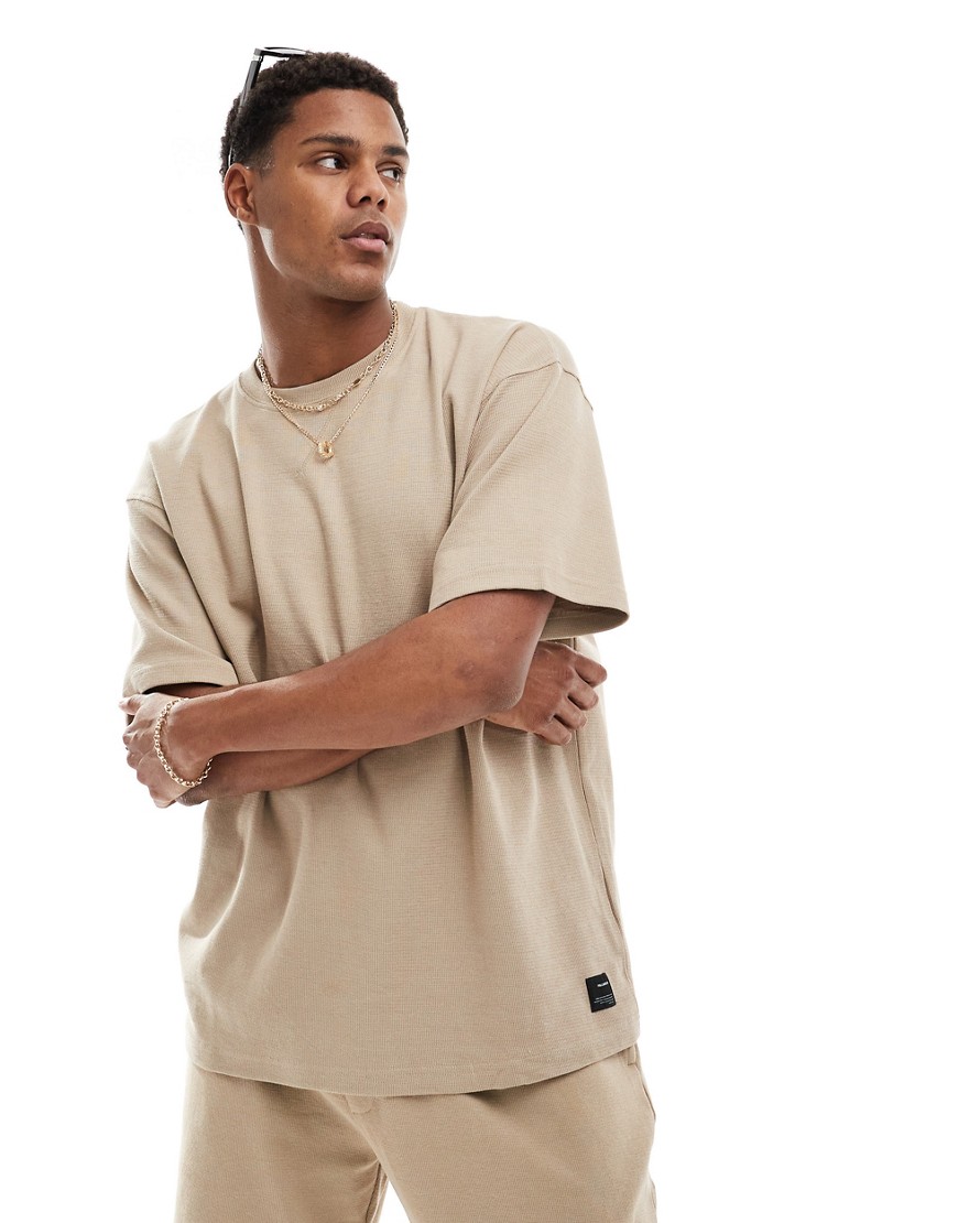 Pull & Bear waffle textured t-shirt co-ord in ecru-Neutral