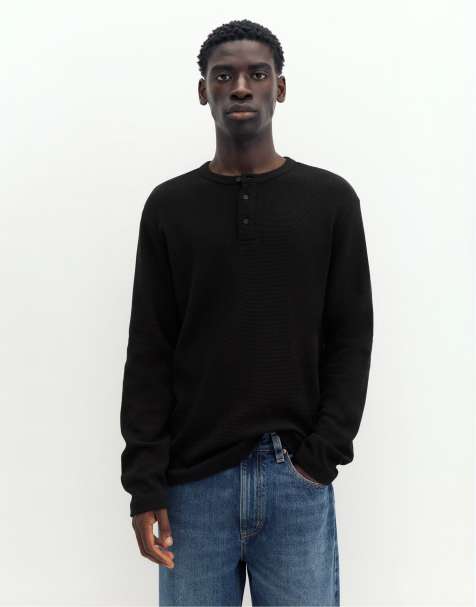 Pull&Bear wafflegebreid T-shirt met lange mouwen in zwart - view 1