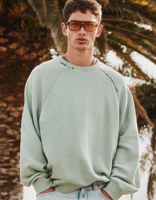 Pull&Bear Washed effect raglan sweatshirt in green, 6 of 7