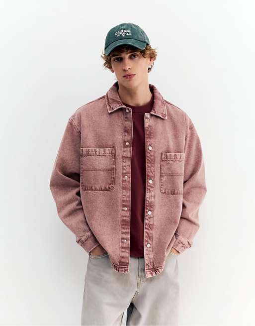 Pull&Bear Washed-finish denim shirt in red