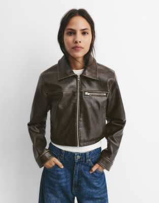 Pull & Bear Washed Leather Effect Jacket In Brown