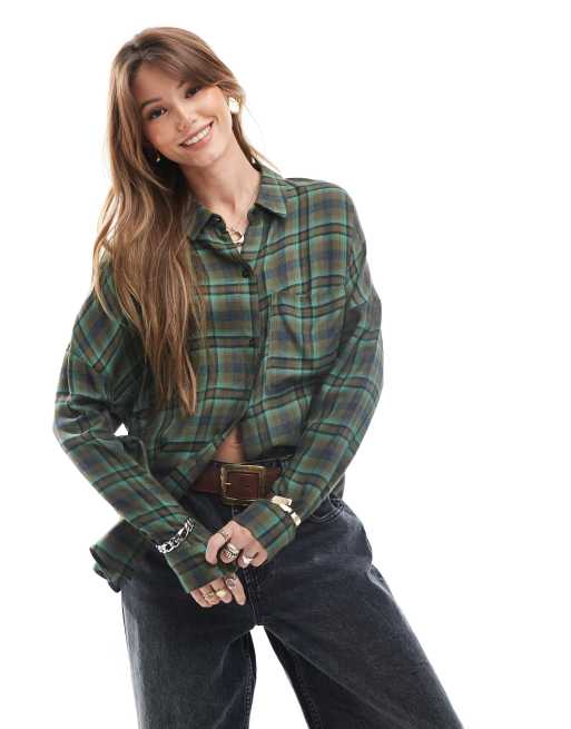 Pull&Bear washed plaid shirt in green