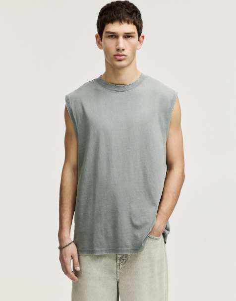 Pull&Bear Washed sleeveless t-shirt in green - view 1