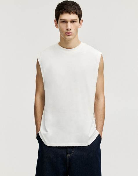 Pull&Bear washed sleeveless t-shirt in off white - view 1