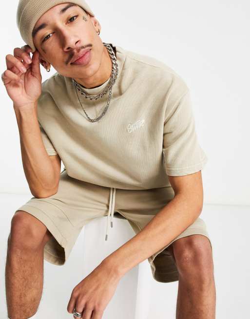 Pull&Bear washed sweat t-shirt in beige co-ord