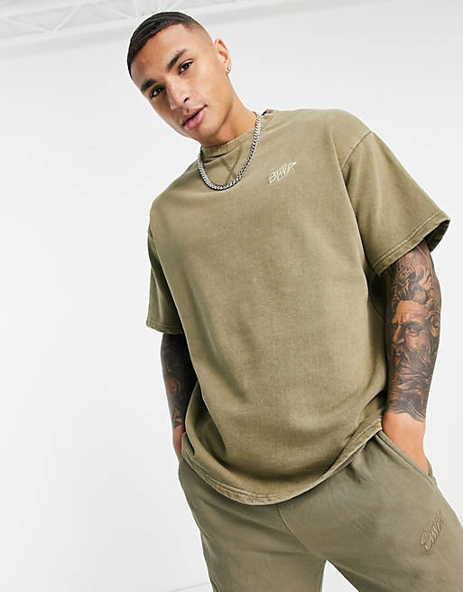 Pull&Bear washed sweat t-shirt in khaki co-ord