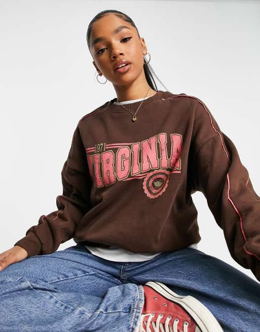Pull&Bear washed Virginia sweatshirt in brown with contrast brown