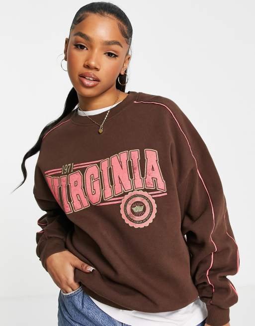 Pull Bear washed Virginia sweatshirt in brown with contrast