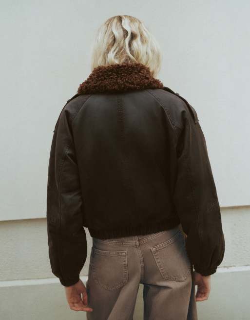 Pull&Bear Waxed bomber jacket in dark brown, 3 of 7