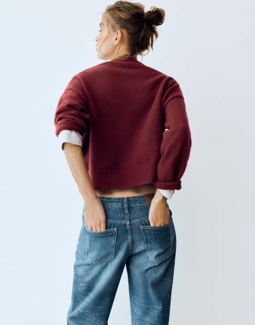 Pull&Bear weicher, kastiger Strickpullover in Burgunderrot, 2 von 7