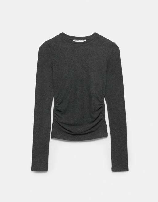 Pull&Bear – Weiches T-Shirt in Dunkelgrau mit Raffung, 5 von 6