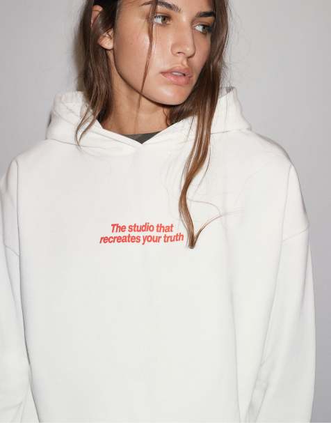 Pull&Bear weißes Sweatshirt mit Kapuze und Schriftzug in Ice - view 1