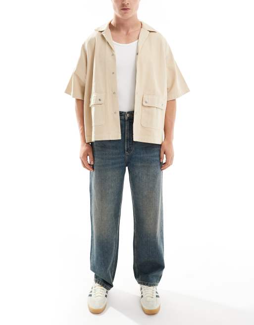 Pull&Bear – Weit geschnittene Jeans in blauer Dirty-Waschung