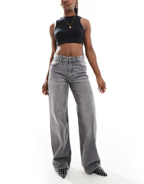 Pull&Bear – Weit geschnittene Jeans in Dunkelgrau mit hohem Bund - view 1
