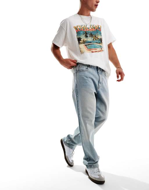 Pull&Bear – Weit geschnittene Jeans in verwaschenem Blau