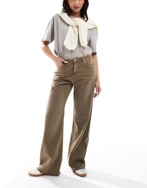 Pull&Bear – Weit geschnittene Jeans in verwaschenem Khaki