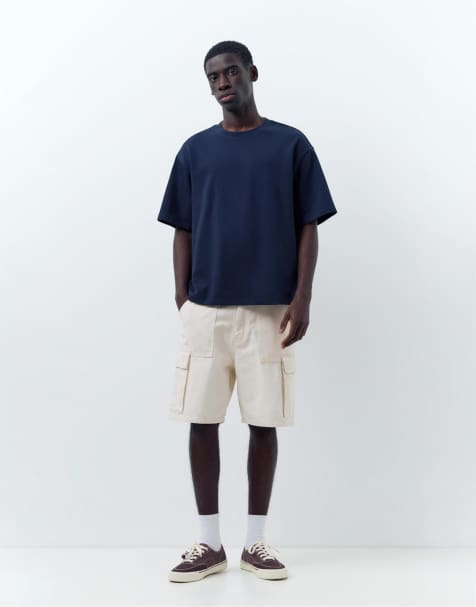 Pull&Bear – Weite Bermuda-Jeansshorts in Beige im Cargo-Design - view 1