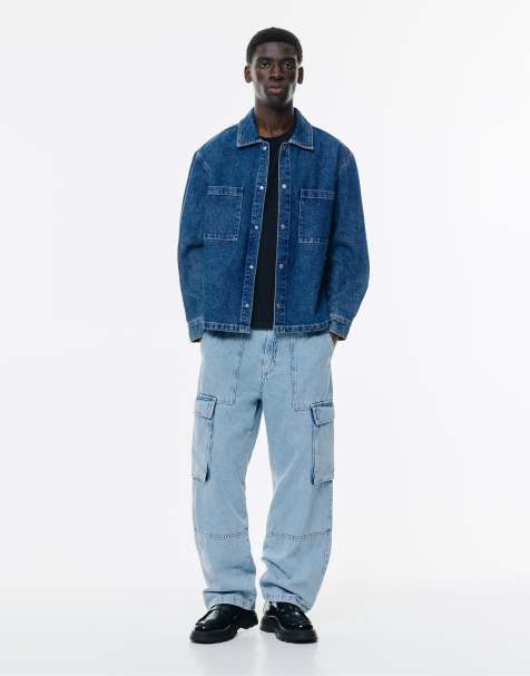 Pull&Bear – Weite Cargo-Jeans in Mittelblau - view 1