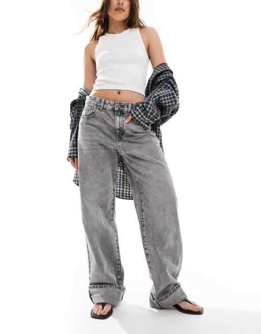 Pull&Bear – Weite Jeans in Grau mit umgeschlagenem Saum