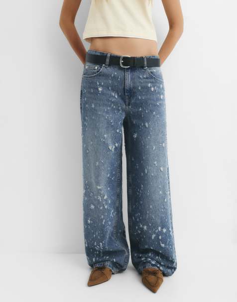 Pull&Bear – Weite Jeans in grünlichem Blau mit Zierriss-Design - view 1