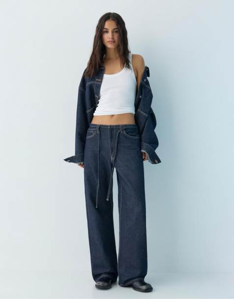 Pull&Bear – Weite Jeans in Marineblau mit Tunnelzug - view 1