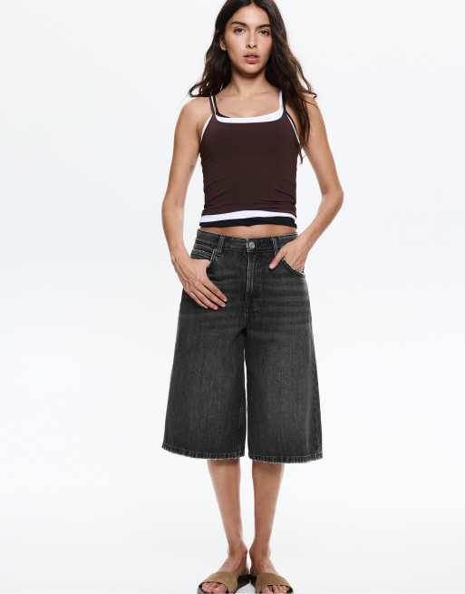 Pull&Bear – Weite Jorts in Mittelgrau mit niedrigem Bund