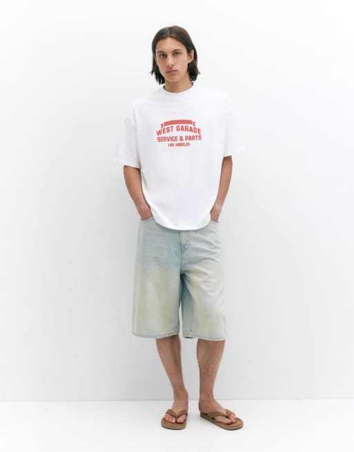 Pull&Bear - West Garage - Hvid T-shirt med firkantet pasform, 4 af 4