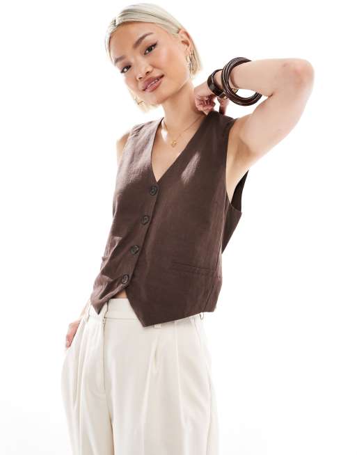 Pull&Bear – Weste in brauner Leinenoptik