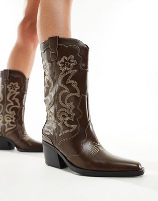 Pull&Bear western cowboy boot with embroidered detail in dark brown 