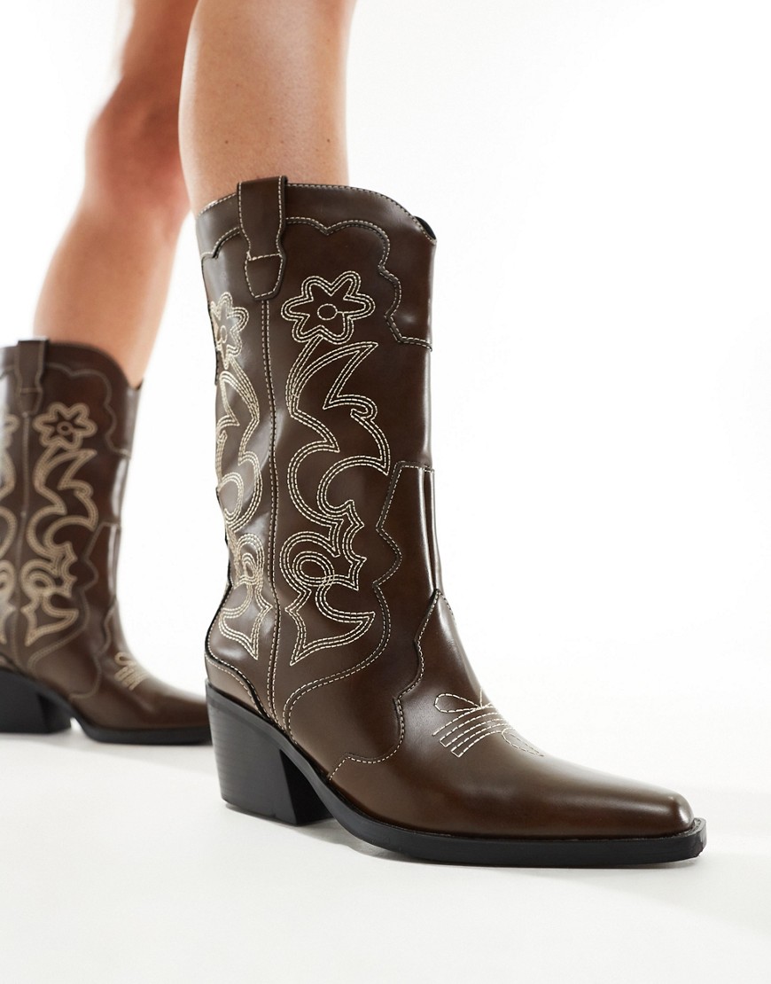 Pull & Bear western cowboy boot with embroidered detail in dark brown