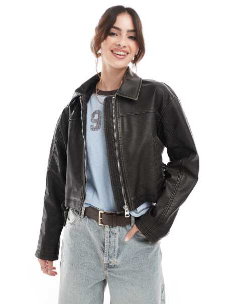 Pull&Bear western style faux leather jacket with tie detail in black - view 1