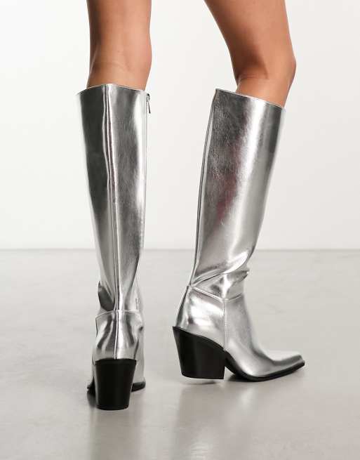 Pull Bear western style knee high boot in silver ASOS