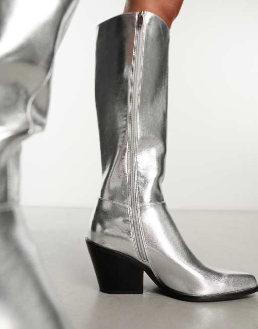 Pull&Bear Western style knee-high boots in silver