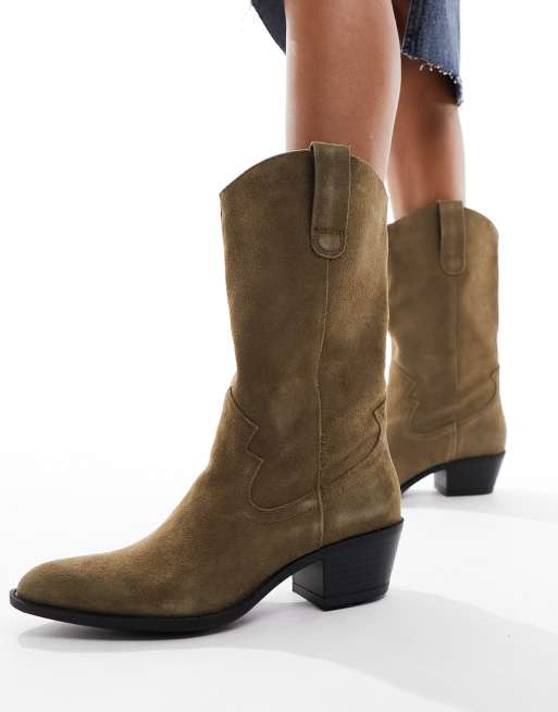 Pull&Bear western style seude boot in beige | ASOS