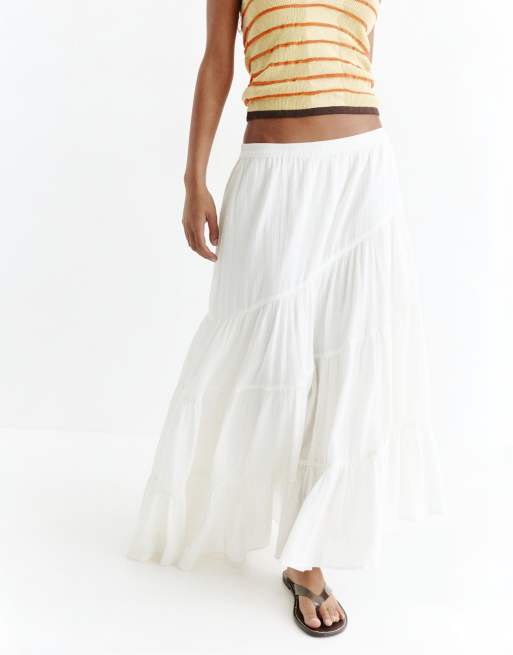 Pull&Bear White asymmetric midi skirt in white, 2 of 4