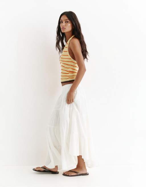 Pull&Bear White asymmetric midi skirt in white, 3 of 4