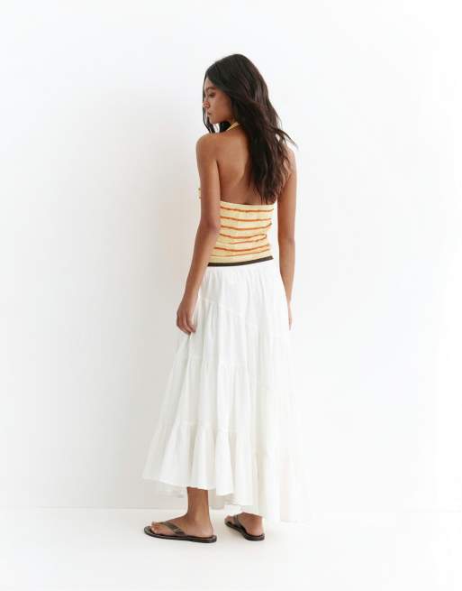Pull&Bear White asymmetric midi skirt in white, 4 of 4