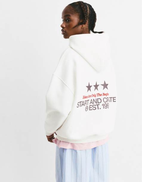Pull&Bear White graphic hoodie in ice - view 1