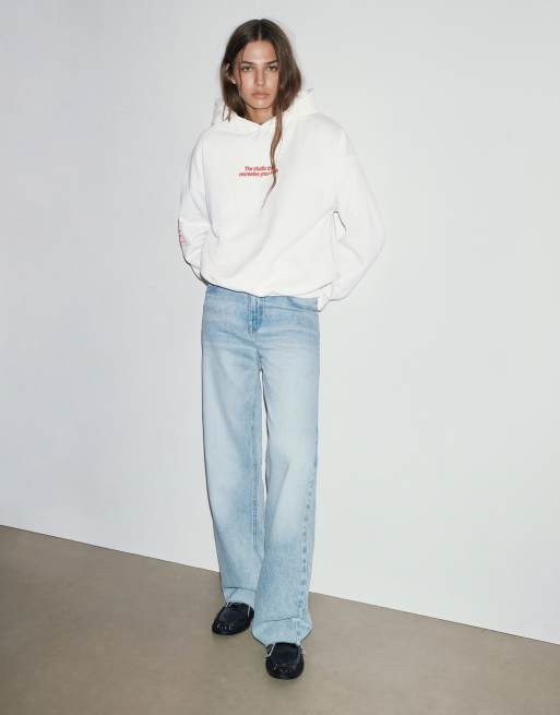 Pull&Bear White sweatshirt with hood and text in ice, 2 of 7