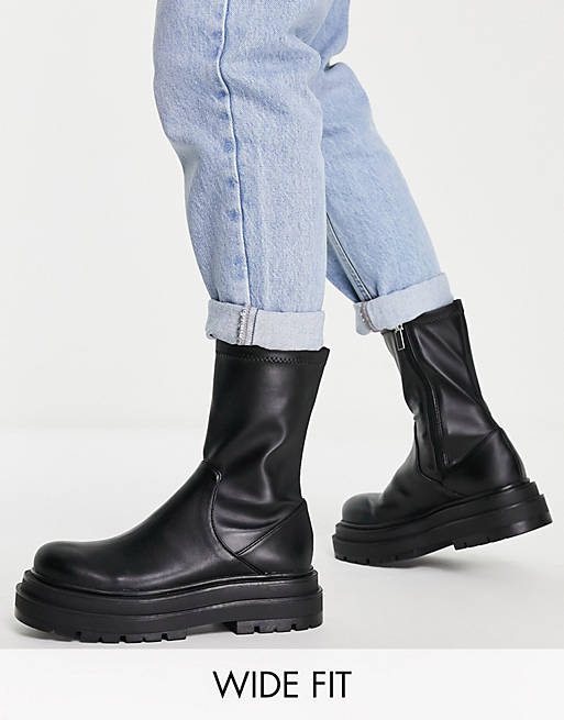 Pull&Bear Wide Fit chunky flat ankle boots with side zip detail