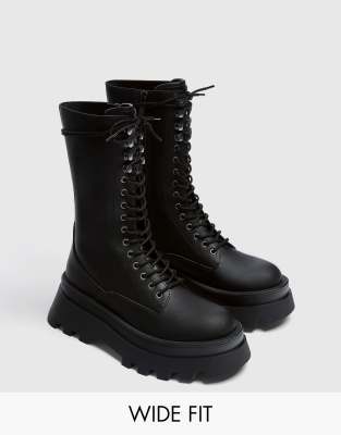 Pull & Bear Wide Fit Chunky Flat Ankle Boots With Side Zip In Black ...