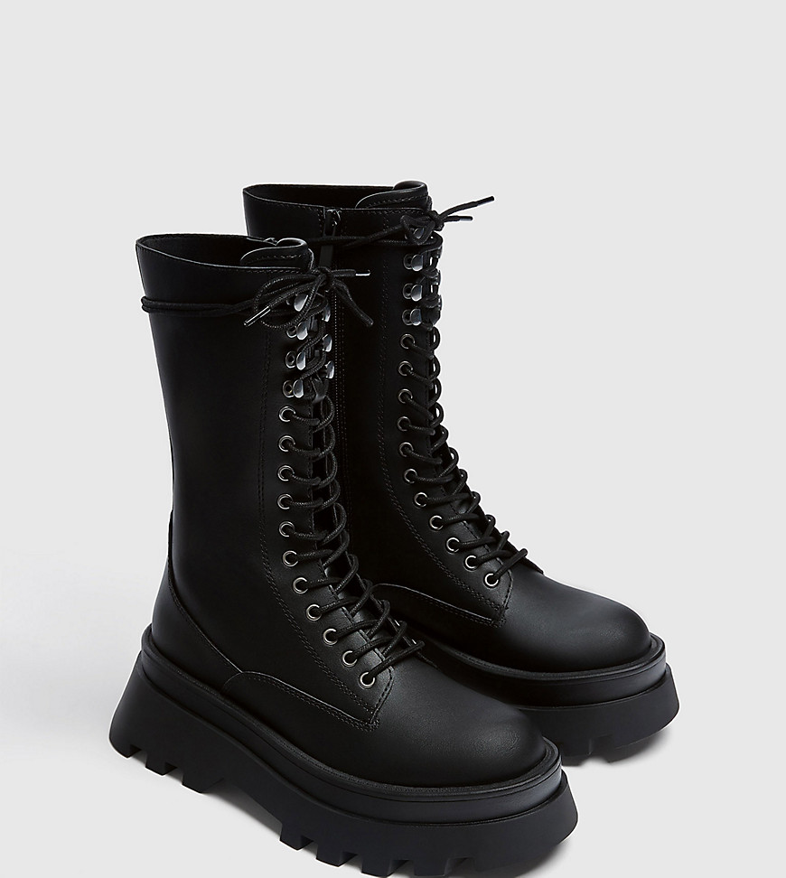 Pull & Bear Wide Fit Chunky Flat Ankle Boots With Side Zip In Black ...