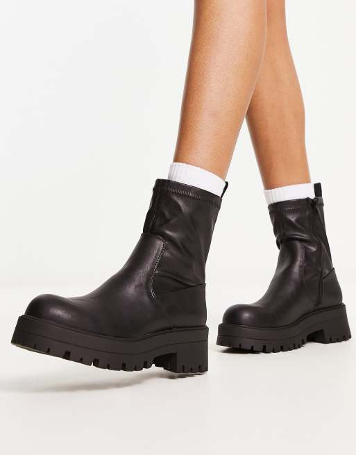 Pull&Bear Wide Fit – Czarne buty do kostki, na grubej podeszwie