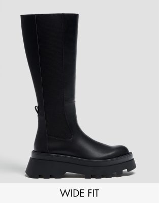 Pull&Bear wide fit knee high chunky flat boots in black