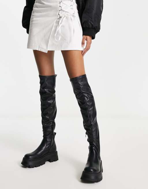 Pull Bear wide fit thigh high chunky boot in black